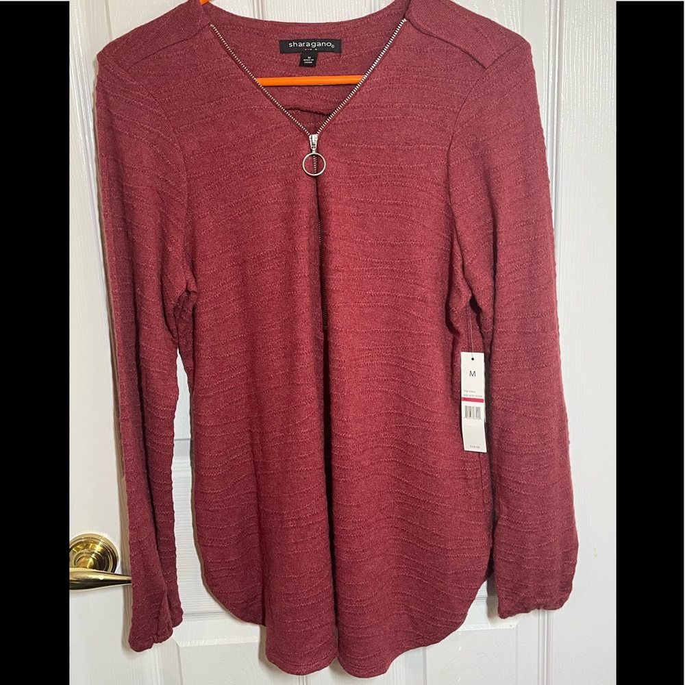 Sharagano long sleeve top with zipper detail in red, size M